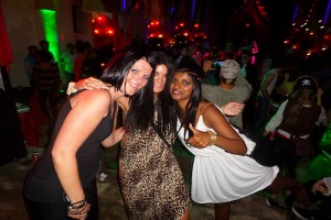 Uma, Jane and Cleopatra on the dance-floor in the ruins of a church.