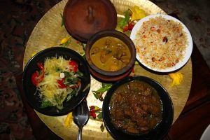 Rice, papayasalad, goat and vegetable currys